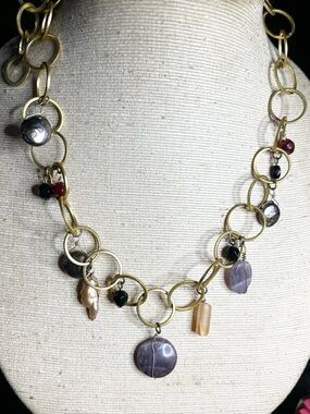 Tahitian Freshwater Pearl Amethyst Gold Tone Chain Charm Statement Necklace